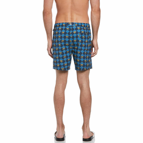 6" Allover Palm Tiles Print Stretch Slim Fit Swim Short (Sargasso Sea) 