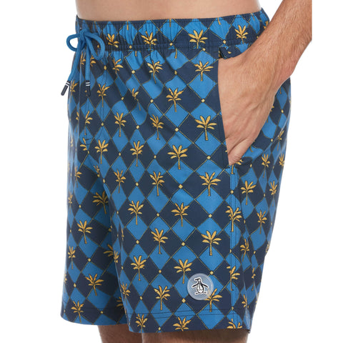 6" Allover Palm Tiles Print Stretch Slim Fit Swim Short (Sargasso Sea) 