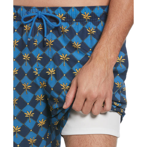 6" Allover Palm Tiles Print Stretch Slim Fit Swim Short (Sargasso Sea) 