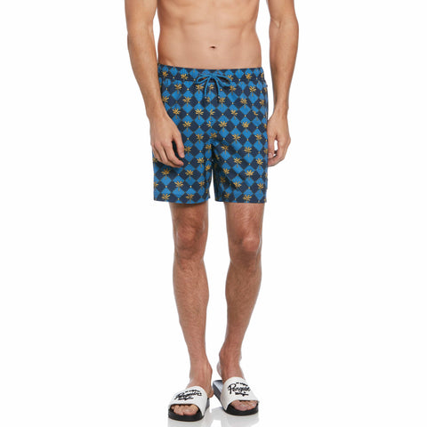 6" Allover Palm Tiles Print Stretch Slim Fit Swim Short (Sargasso Sea) 