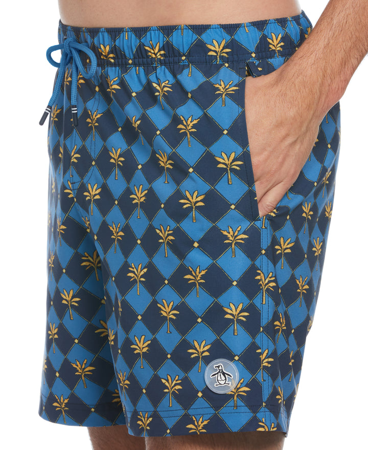 6" Allover Palm Tiles Print Stretch Slim Fit Swim Short (Sargasso Sea) 