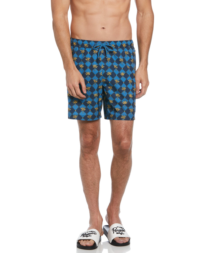 6" Allover Palm Tiles Print Stretch Slim Fit Swim Short (Sargasso Sea) 