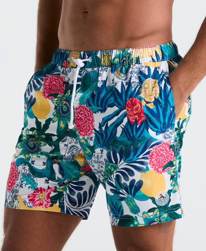 7" All-Over Floral Collage Swim Short (Bright White) 