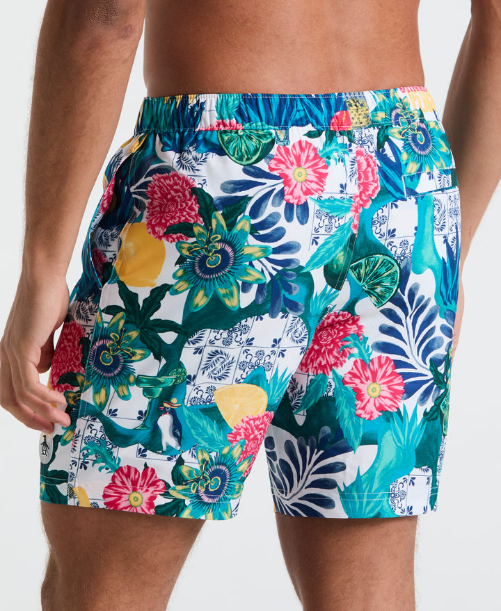 7" All-Over Floral Collage Swim Short (Bright White) 