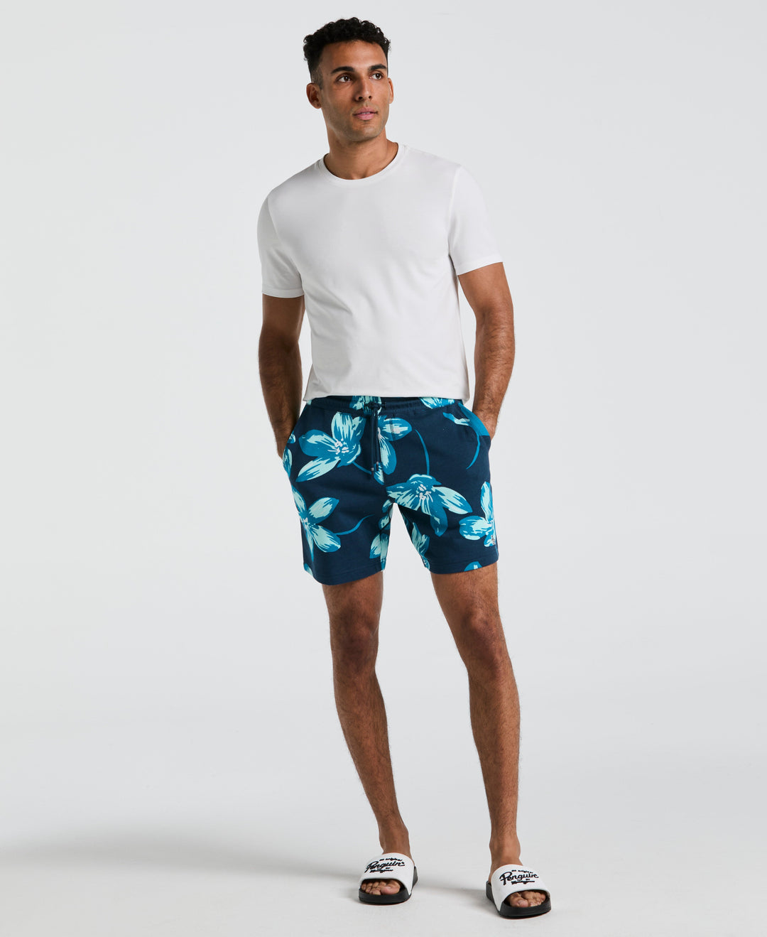 7" Floral Print French Terry Short-Shorts-Blue Wing Teal-XS-Original Penguin
