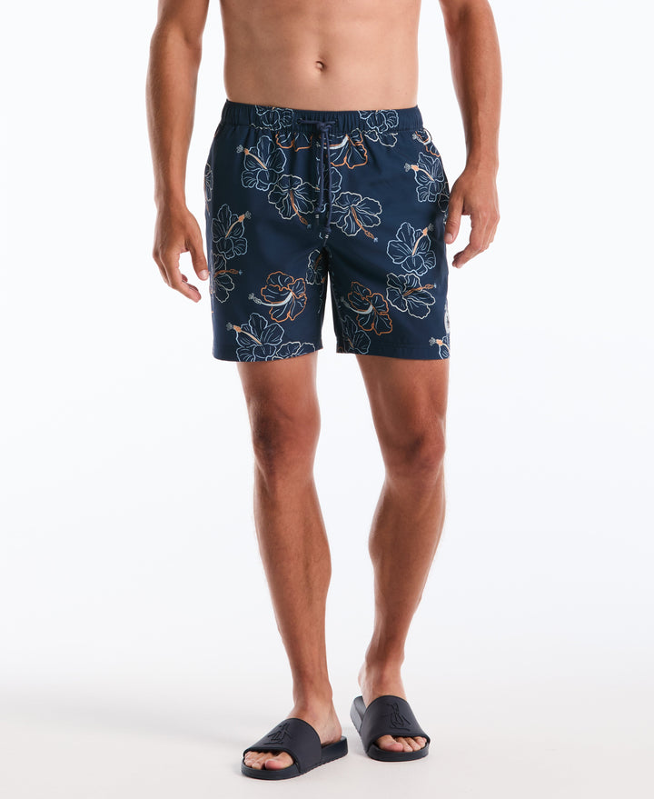 Hibiscus Flower Print Volley Swim Shorts (Sargasso Sea) 