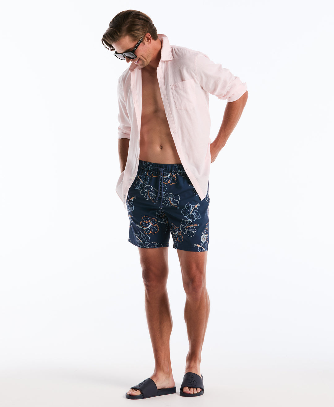 Hibiscus Flower Print Volley Swim Shorts (Sargasso Sea) 
