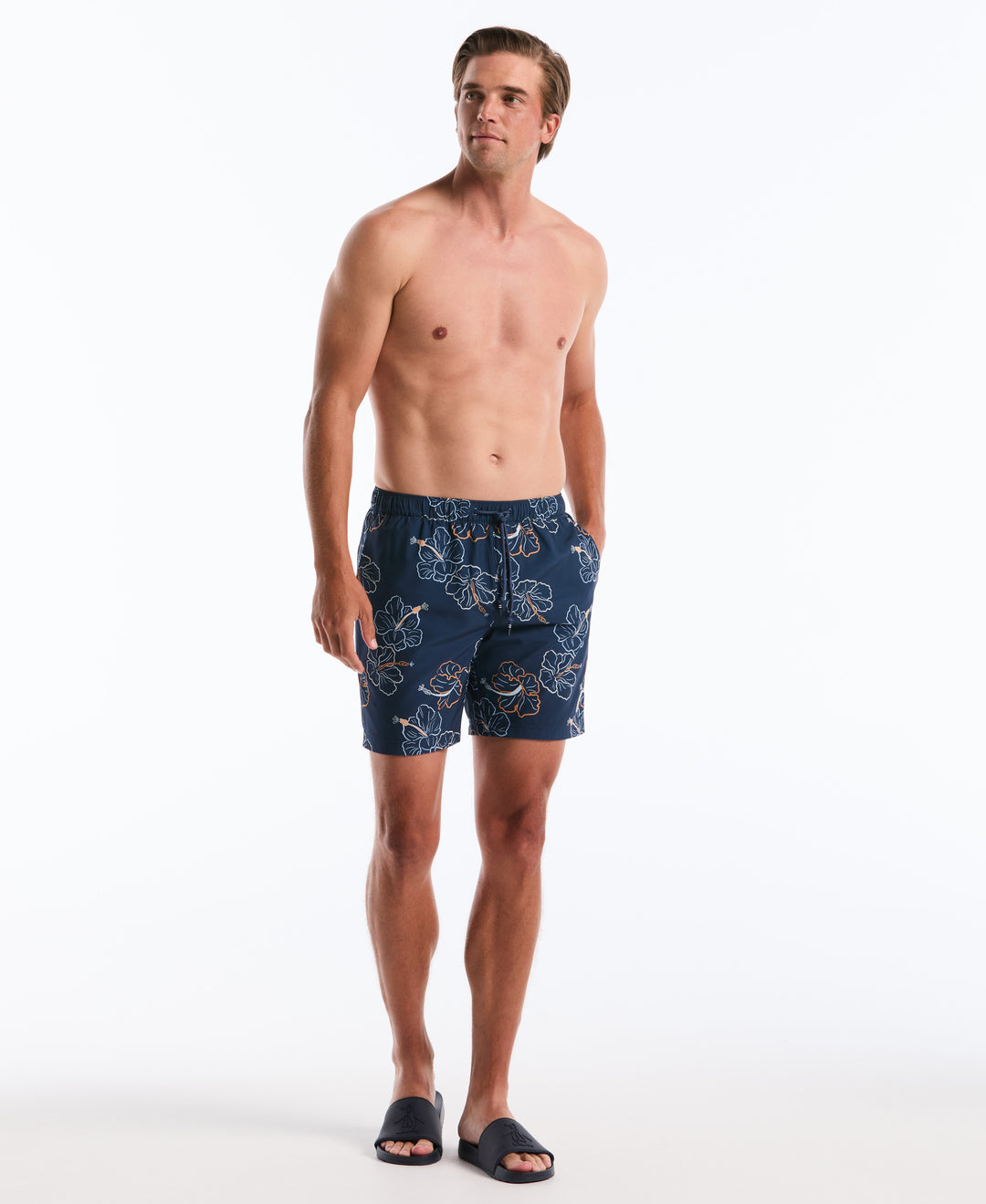 Hibiscus Flower Print Volley Swim Shorts (Sargasso Sea) 