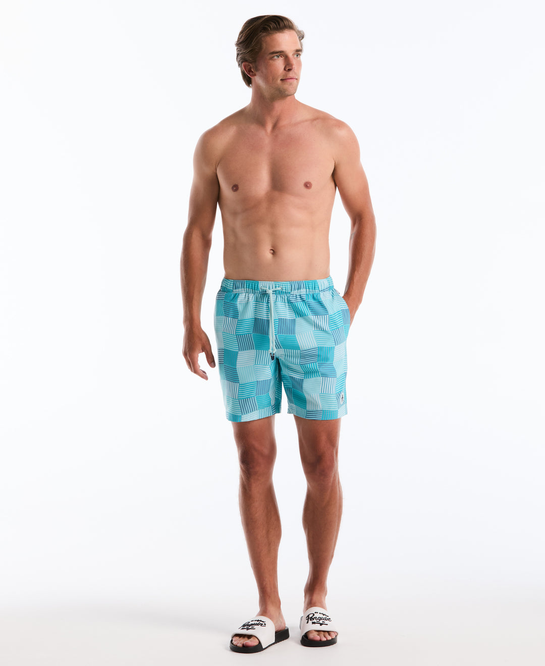 7" Wavy Tile Print Volley Swim Shorts (Lake Blue) 