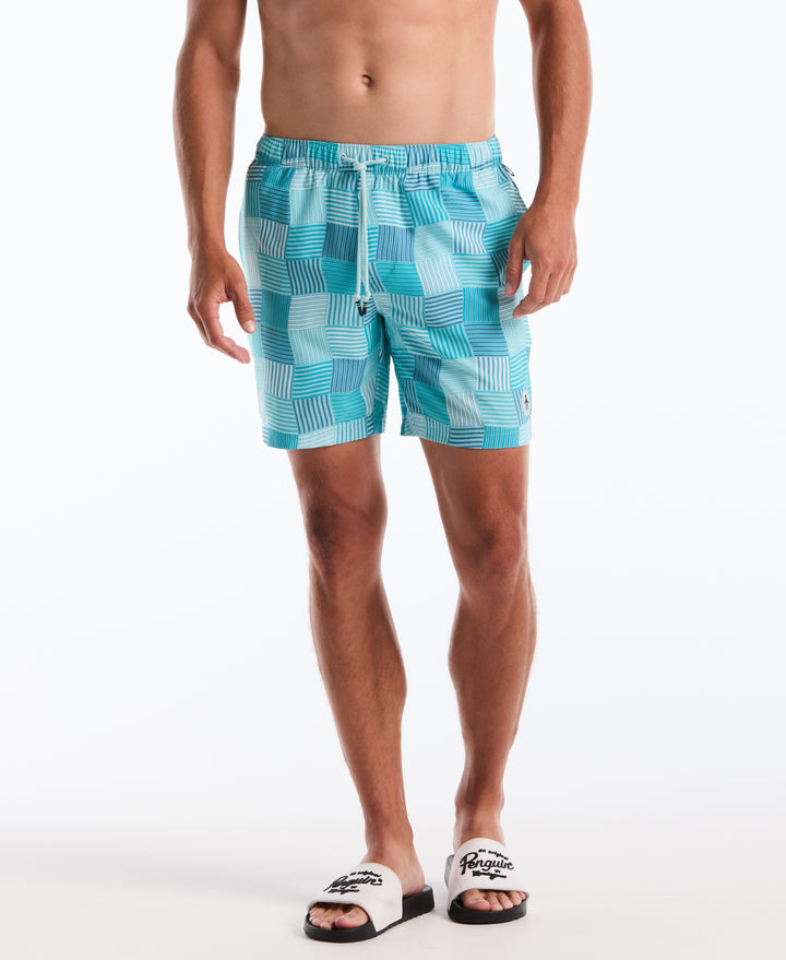 7" Wavy Tile Print Volley Swim Shorts (Lake Blue) 