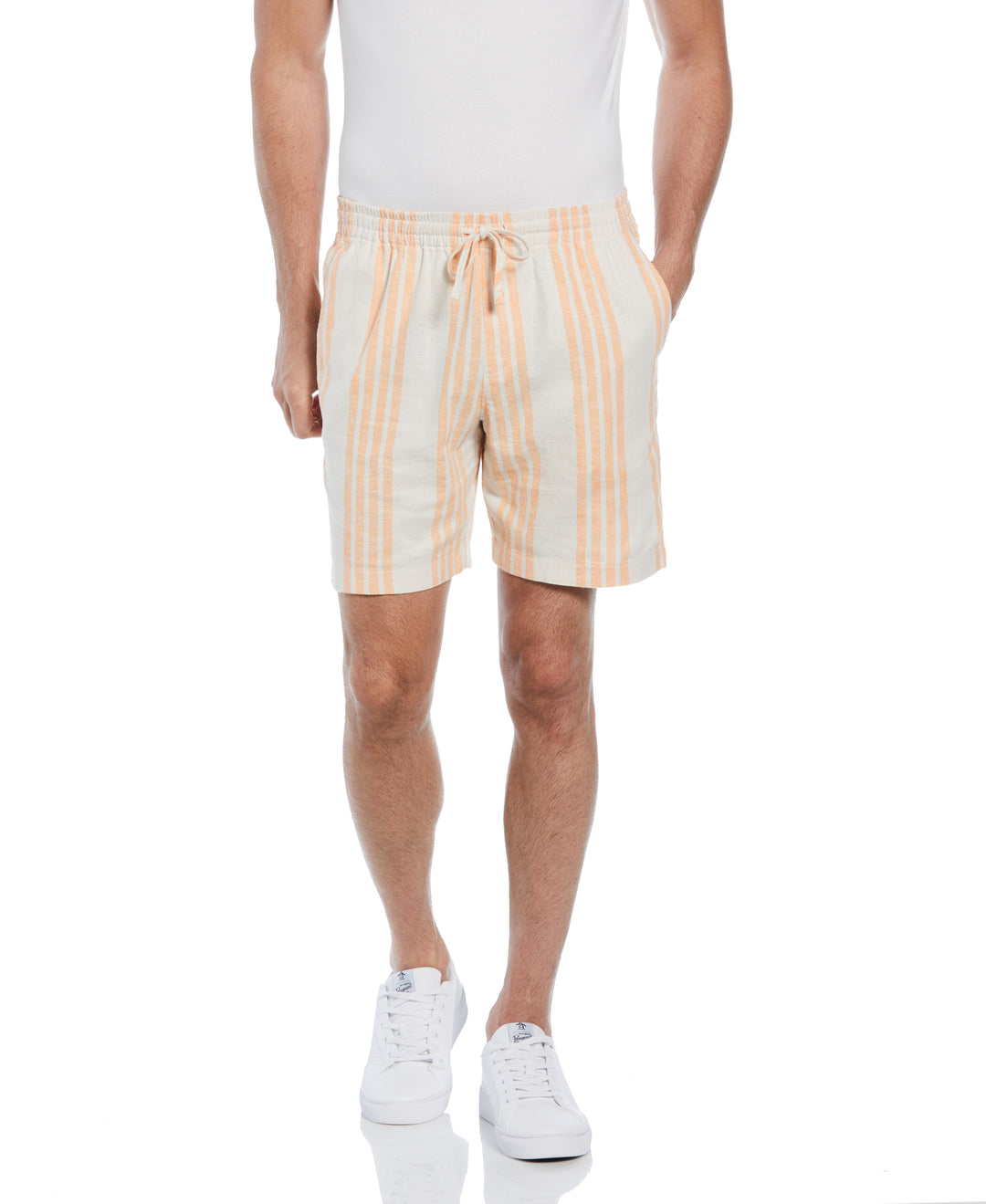 7.5" Cotton Linen Vertical Stripe Print Slim Fit Short (Mock Orange) 