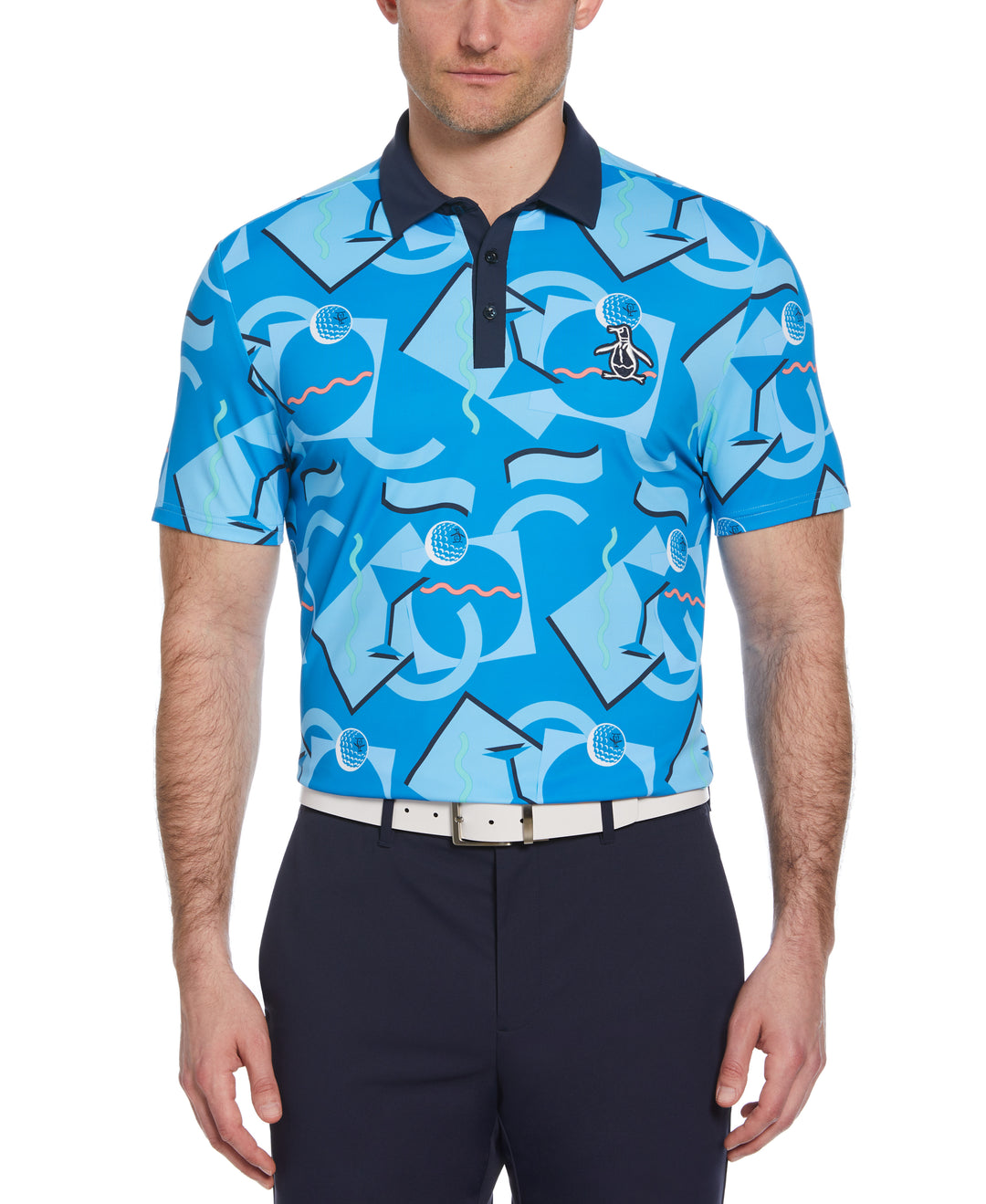 Abstract 80s Print Blocked Short Sleeve Golf Polo Shirt (Blue Jewel) 