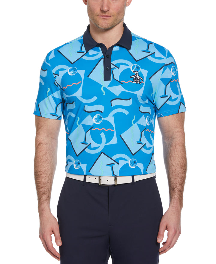 Abstract 80s Print Blocked Short Sleeve Golf Polo Shirt (Blue Jewel) 
