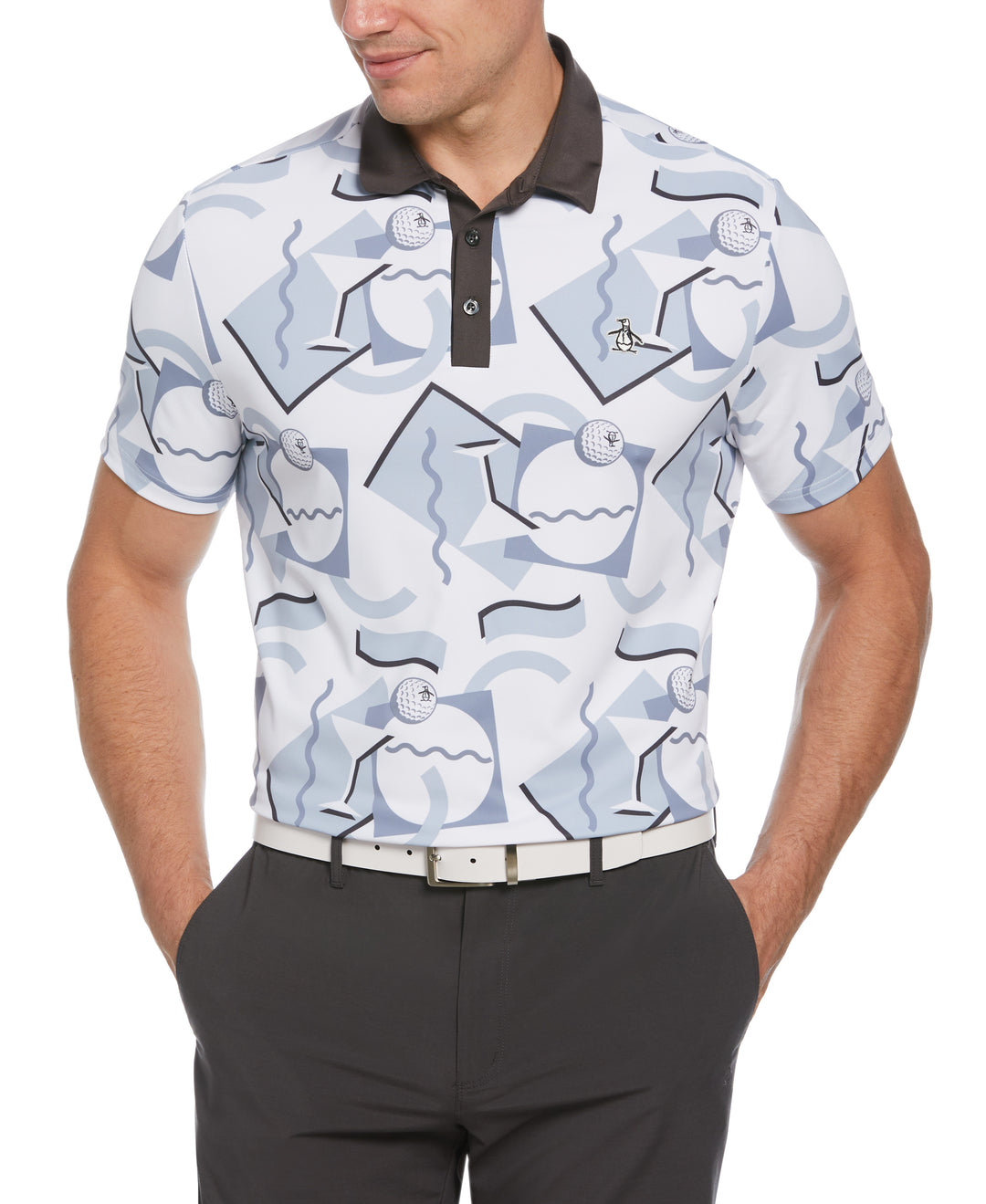 Abstract 80s Print Blocked Short Sleeve Golf Polo Shirt (Bright White) 