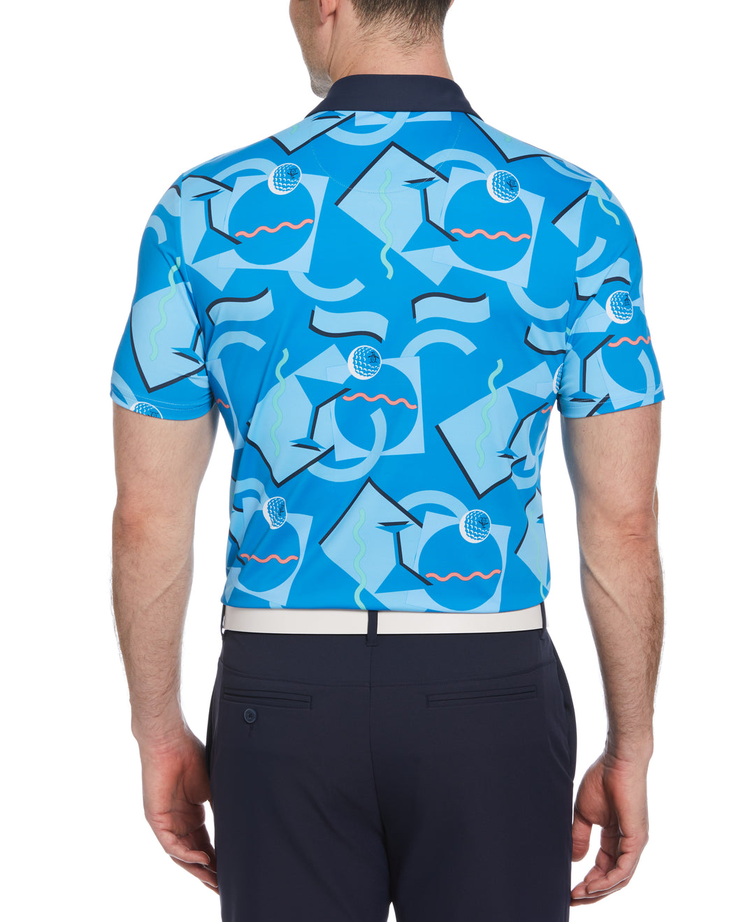 Abstract 80s Print Blocked Short Sleeve Golf Polo Shirt (Blue Jewel) 