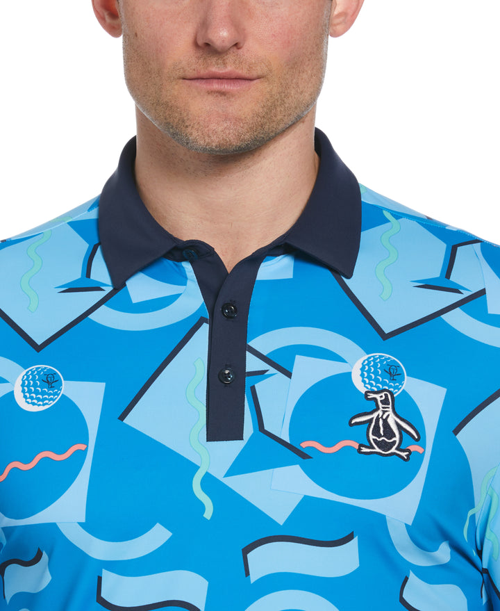 Abstract 80s Print Blocked Short Sleeve Golf Polo Shirt (Blue Jewel) 