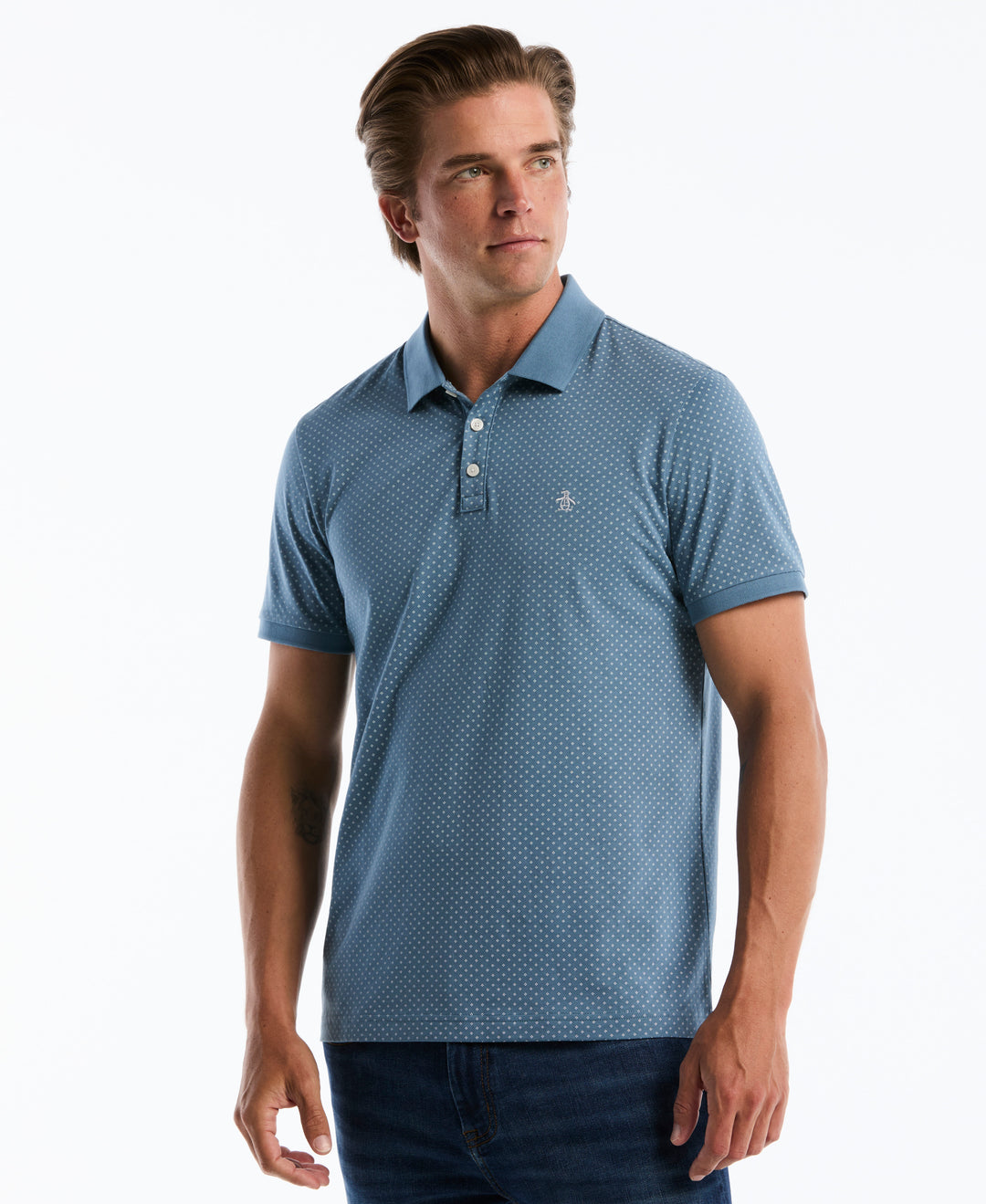 Diamond Ditsy Print Cotton Polo Shirt (Copen Blue) 