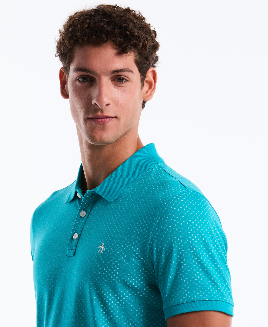 Diamond Ditsy Print Cotton Polo Shirt (Lake Blue) 