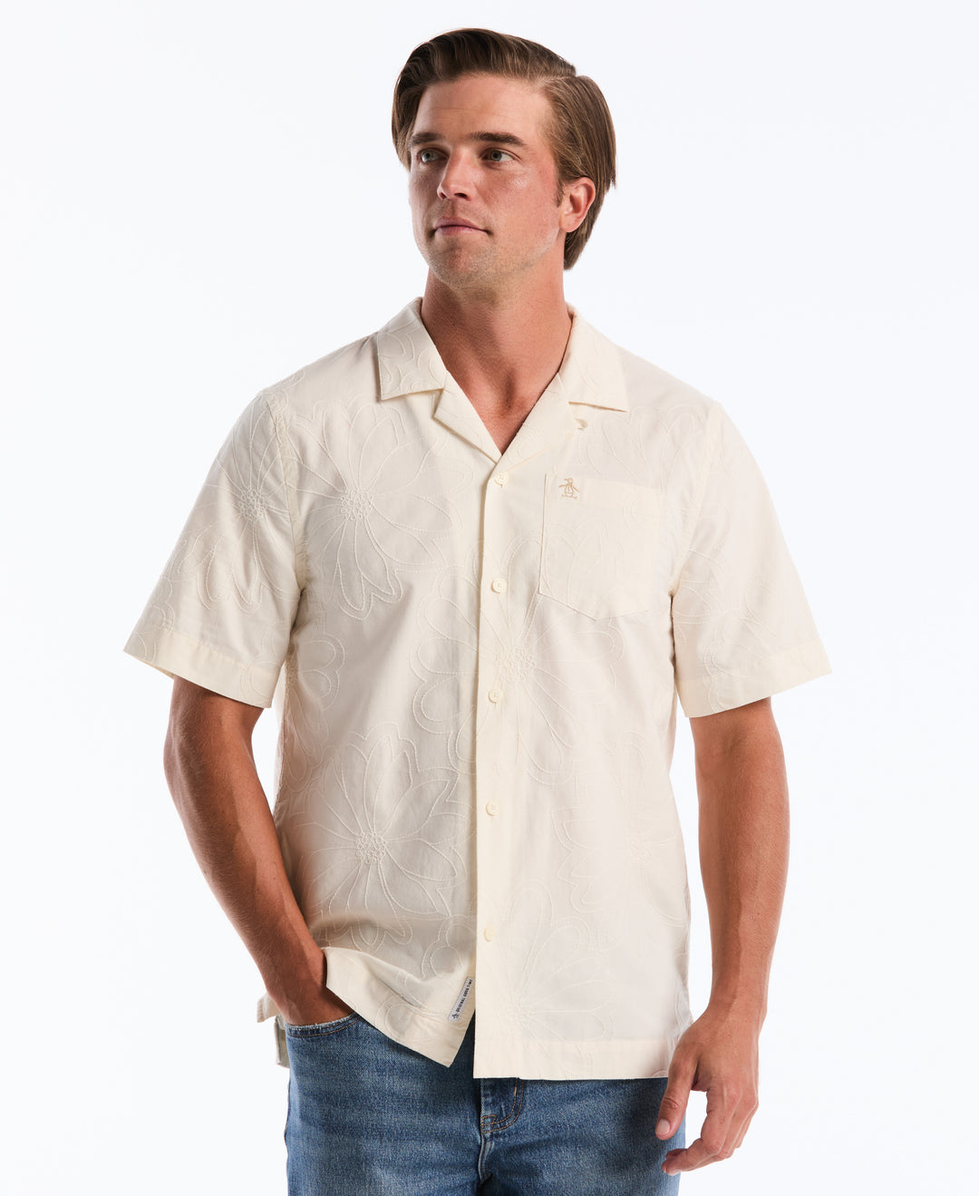 Cotton Camp Collar All-Over Flower Print Shirt (Birch) 