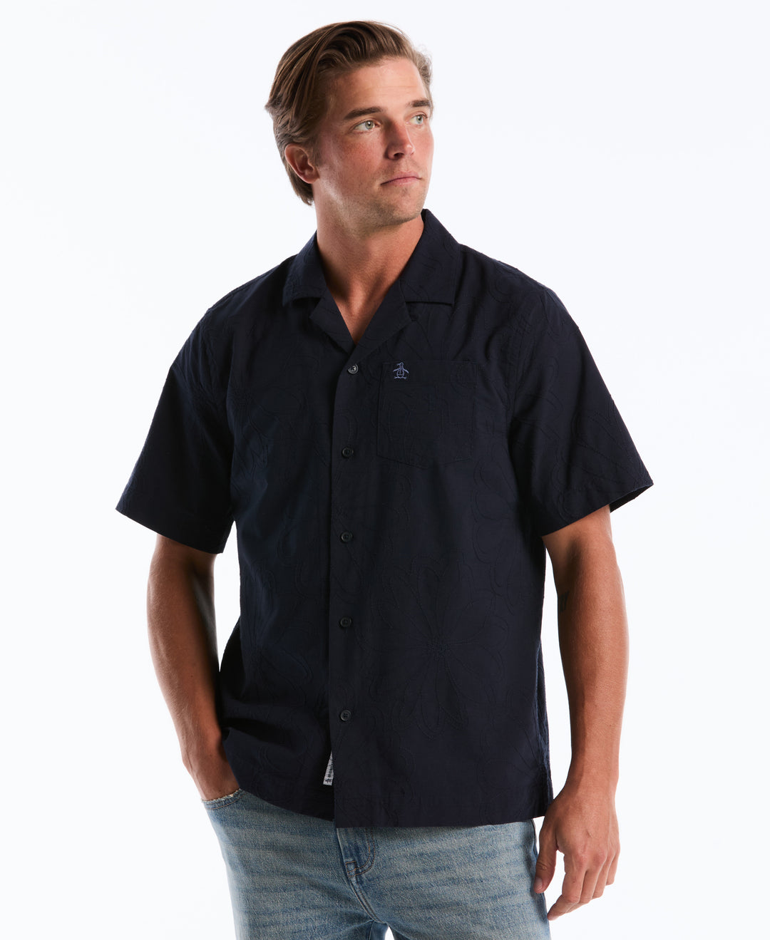 Cotton Camp Collar All-Over Flower Print Shirt (Dark Sapphire) 