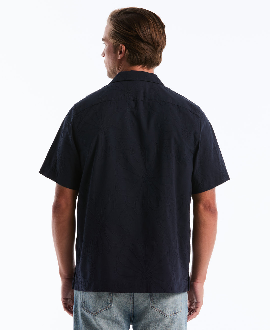 Cotton Camp Collar All-Over Flower Print Shirt (Dark Sapphire) 