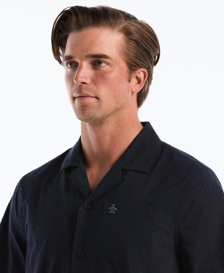 Cotton Camp Collar All-Over Flower Print Shirt (Dark Sapphire) 