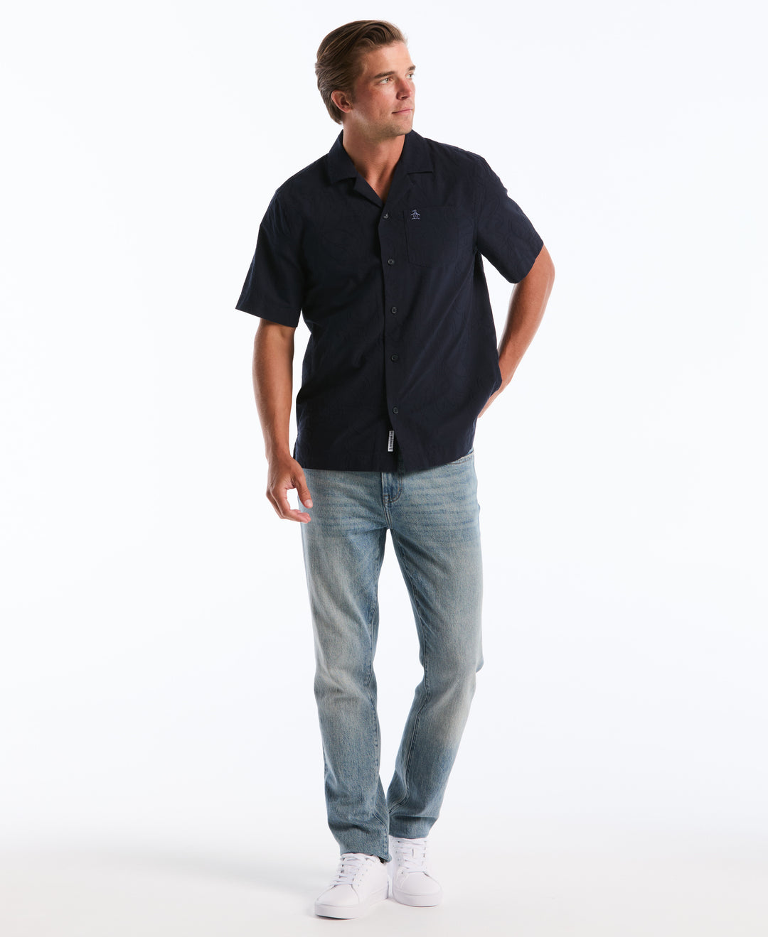 Cotton Camp Collar All-Over Flower Print Shirt (Dark Sapphire) 