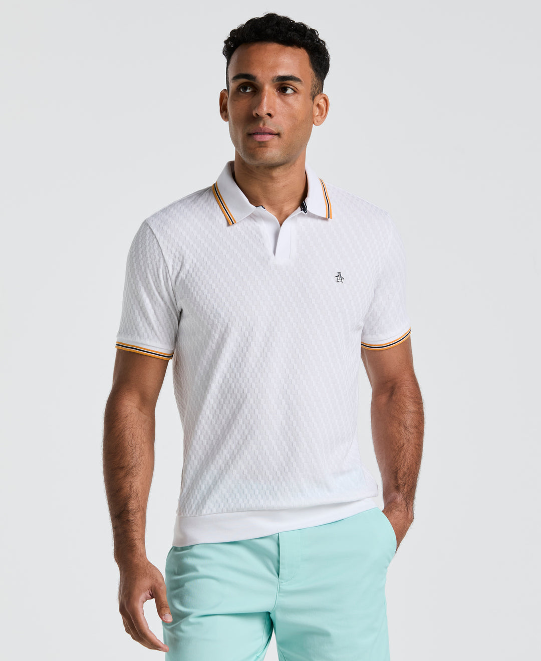 All-Over Jacquard Johnny Collar Polo (Bright White) 