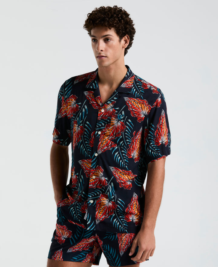 All-Over Leaves Print Shirt (Dark Sapphire) 