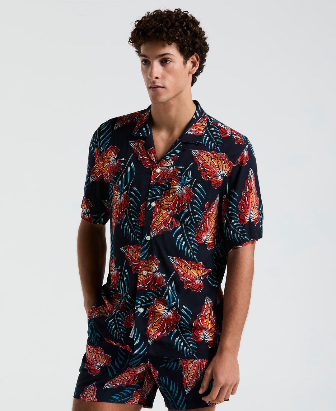 All-Over Leaves Print Shirt (Dark Sapphire) 