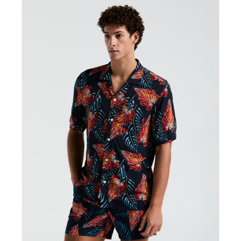 All-Over Leaves Print Shirt (Dark Sapphire) 