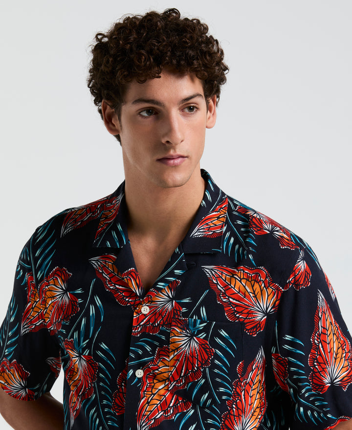 All-Over Leaves Print Shirt (Dark Sapphire) 