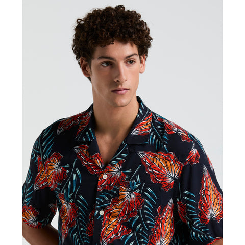 All-Over Leaves Print Shirt (Dark Sapphire) 