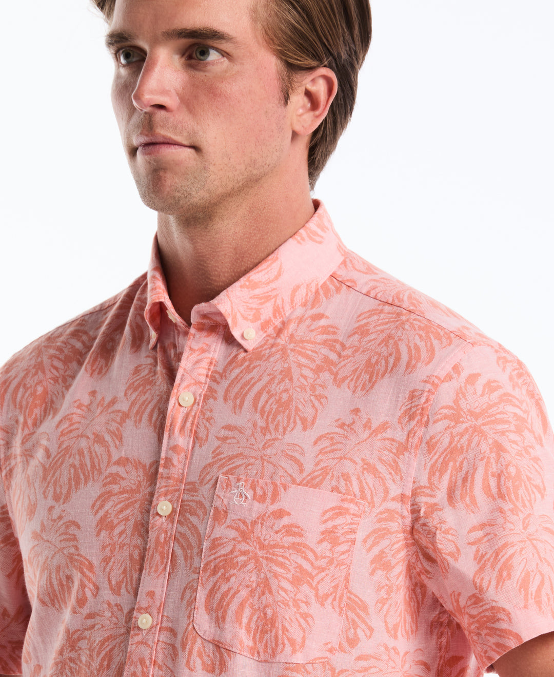 All-Over Monstera Linen Shirt (Peach Amber) 