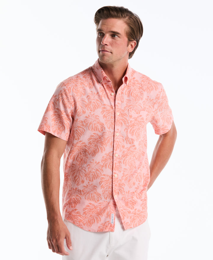 All-Over Monstera Linen Shirt (Peach Amber) 