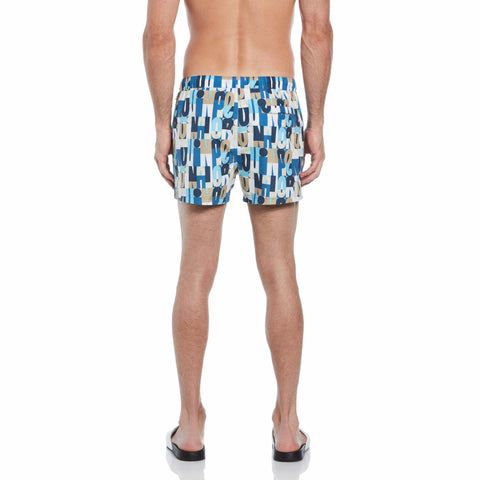 4" Allover Multi Color Logo Print Slim Fit Swim Short (Vallarta Blue) 