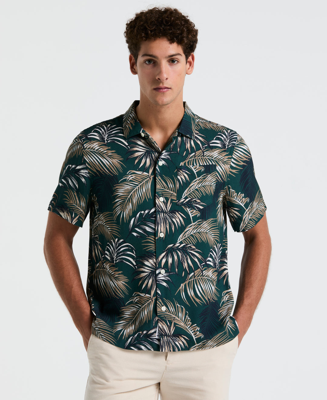 Original Penguin Men's All-Over Palm Leaf Camp Short Sleeves Shirt in Sargasso Sea/Blue, Size Small, 100% Viscose