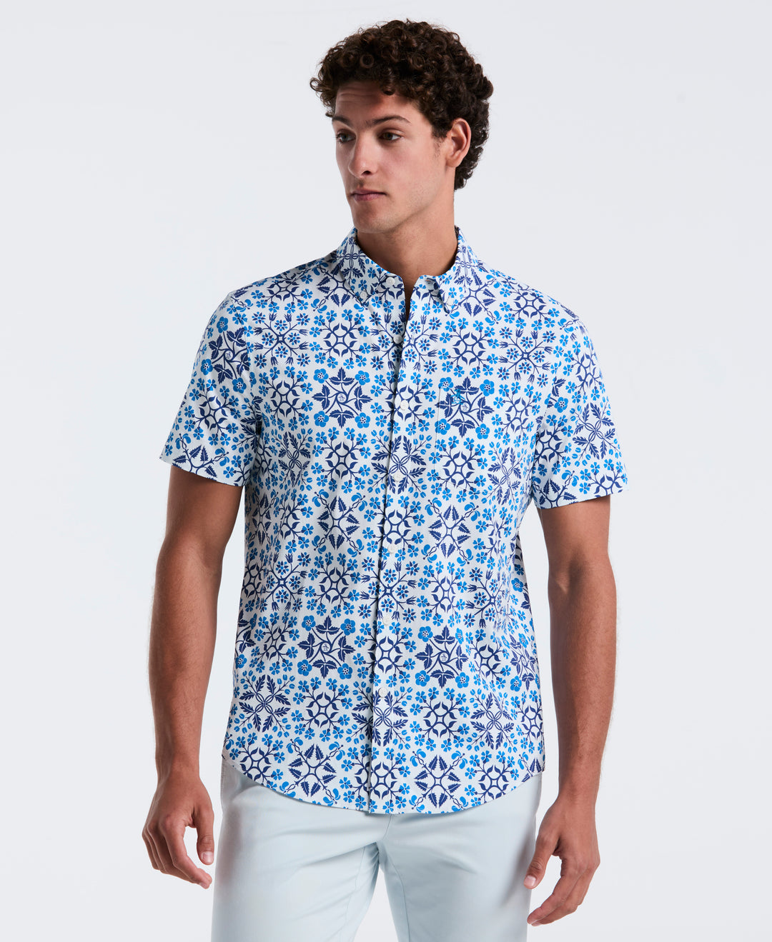 Linen Blend All-Over Print Talavera Shirt (Bright White) 