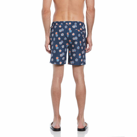 6" Allover Hibiscus Print Slim Fit Swim Short (Sargasso Sea) 