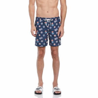 6" Allover Hibiscus Print Slim Fit Swim Short (Sargasso Sea) 