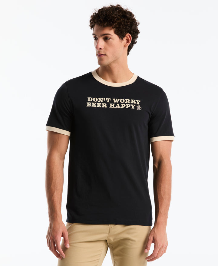 Beer Happy Flocked Graphic Ringer Tee (Dark Sapphire) 
