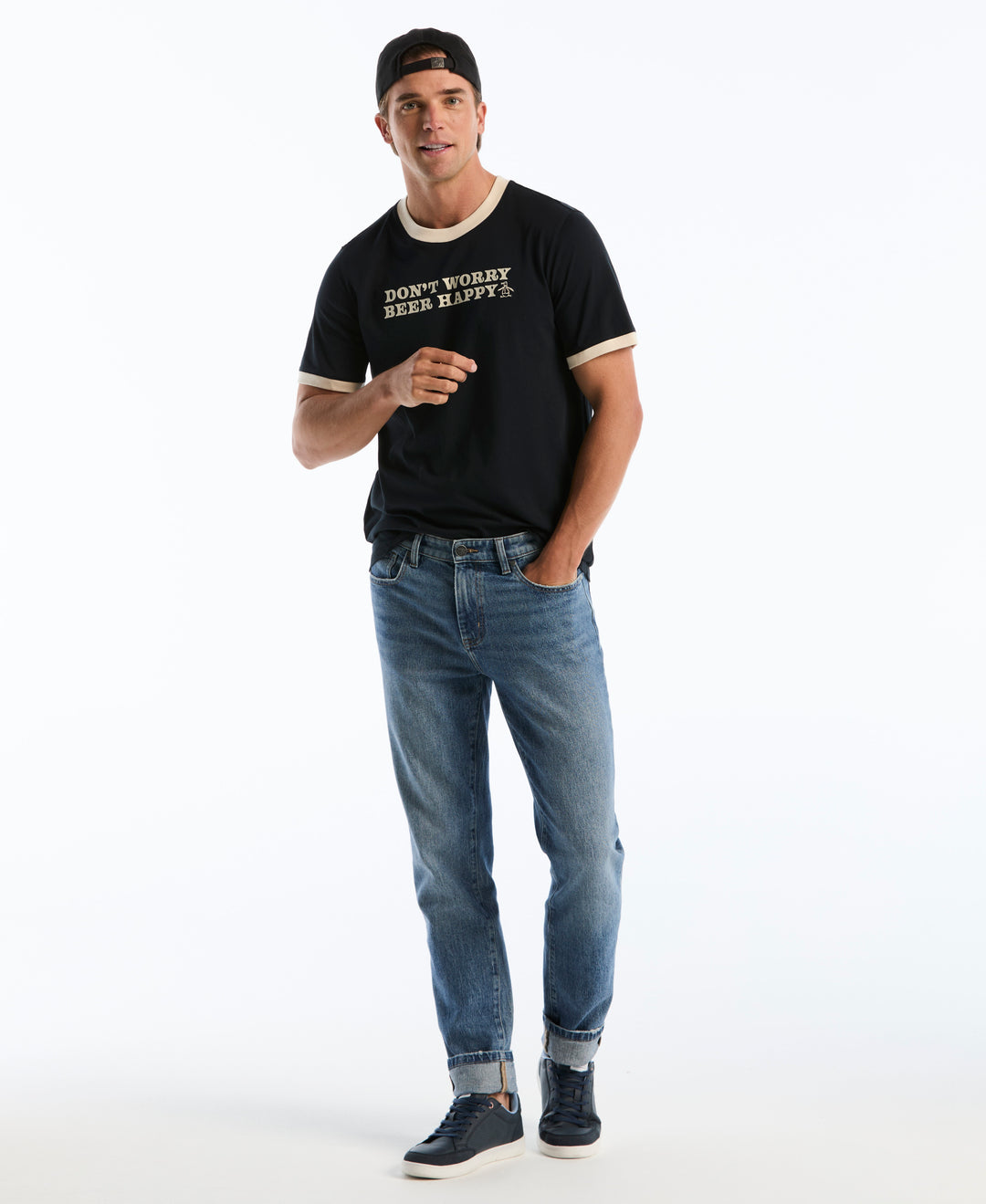 Beer Happy Flocked Graphic Ringer Tee (Dark Sapphire) 