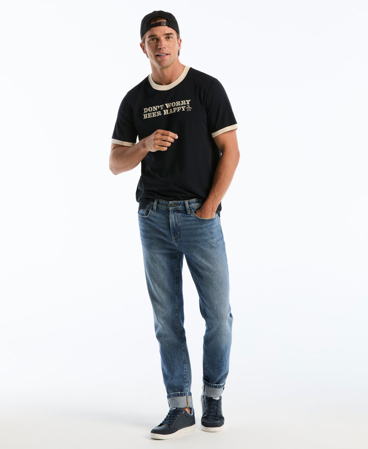 Beer Happy Flocked Graphic Ringer Tee (Dark Sapphire) 