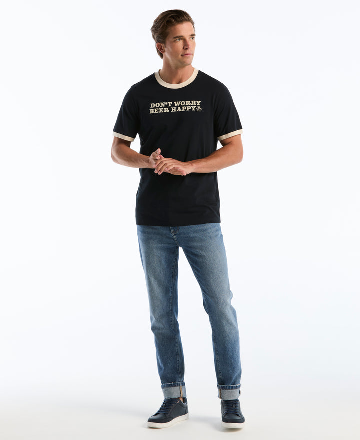 Beer Happy Flocked Graphic Ringer Tee (Dark Sapphire) 