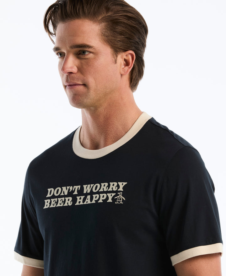 Beer Happy Flocked Graphic Ringer Tee (Dark Sapphire) 