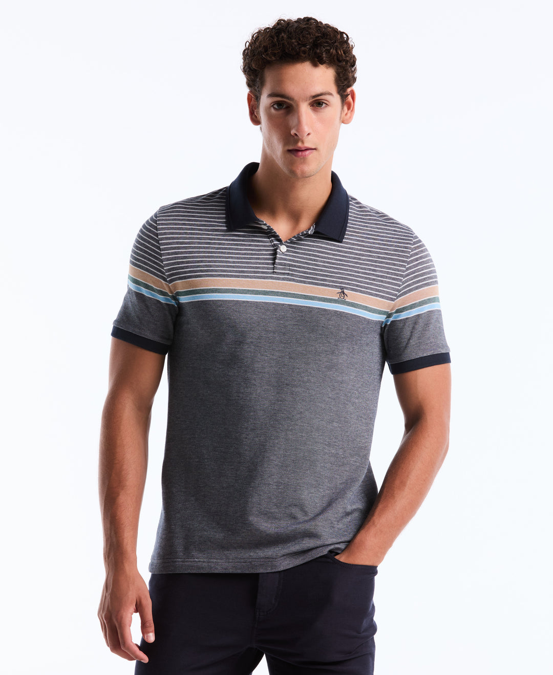 Birdseye Pique Chest Stripe Polo (Dark Sapphire) 