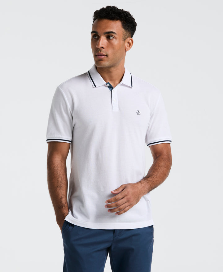 Birdseye Pique Tipped Polo Shirt (Bright White) 