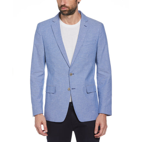 Blue Plaid Linen Blend Chambray Blazer (Blue) 