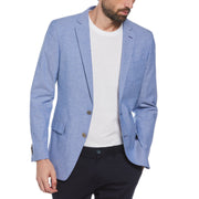 Blue Plaid Linen Blend Chambray Blazer (Blue) 