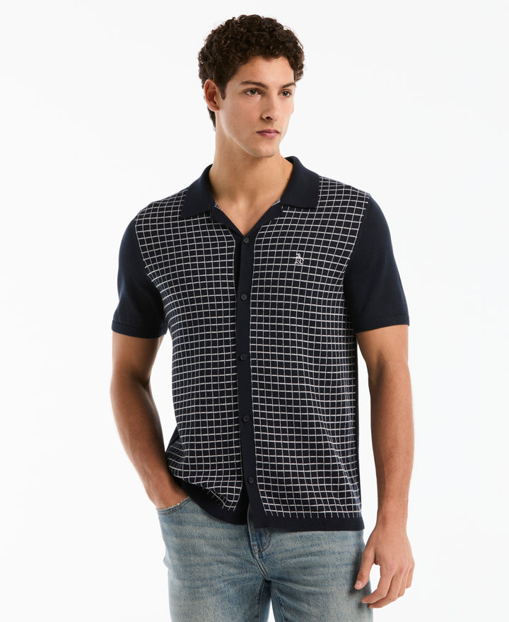 Cotton Chainstitch Grid Button Front Sweater (Dark Sapphire) 